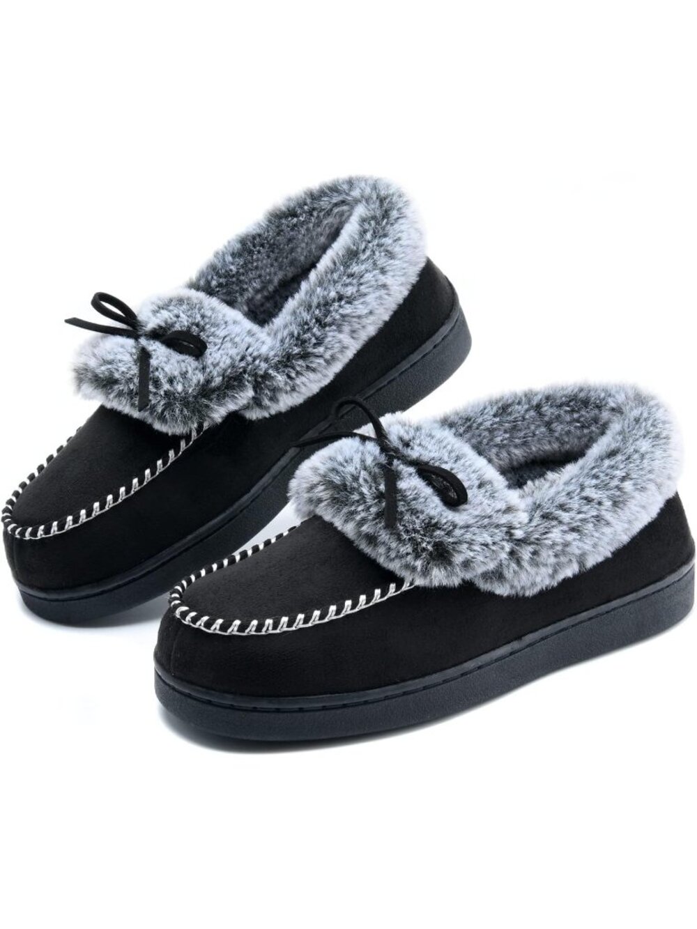 Women's Grey Fuzzy Warm Moccasin Memory Foam Soft Fluffy Closed Back Slippers